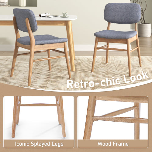 Set of 2 Natural & Gray Mid-Century Rubberwood Dining Chairs, Splayed Legs 300lbs Weight Capacity