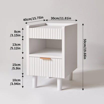 2 Pack White Fluted Nightstand, Integrated Base Bedside Table with Drawer & Open Cubby
