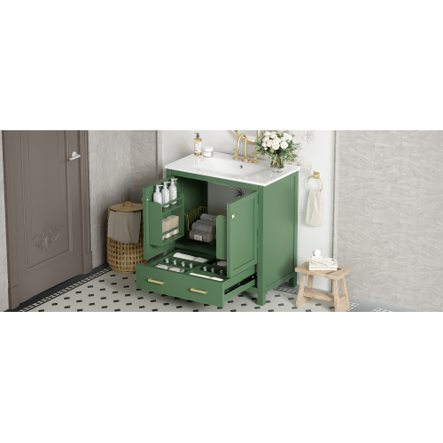 30 Inch Green Bathroom Vanity with Single Sink, Combination Under Counter Sink, Bathroom Storage Cabinet with 2 Doors and a Drawer, Soft Closure, Multifunctional Storage(WF324043)