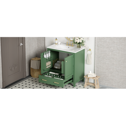 30 Inch Green Bathroom Vanity with Single Sink, Combination Under Counter Sink, Bathroom Storage Cabinet with 2 Doors and a Drawer, Soft Closure, Multifunctional Storage(WF324043)