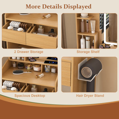 Vanity Table with LED-Illuminated Mirror, Power Outlet, Hairdryer Holder & Stool ¨C Compact Dressing Desk for Small Bedrooms(Wood)