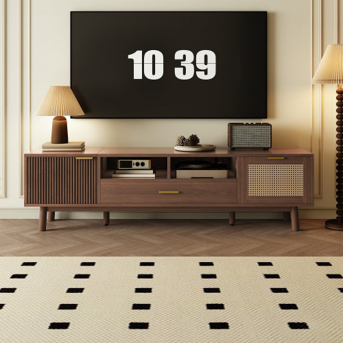 66.9 Inch Dark Brown Rattan TV Stand with Soft-Closing & Drop-Down Doors for 75 Inch TV