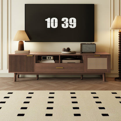 66.9 Inch Dark Brown Rattan TV Stand with Soft-Closing & Drop-Down Doors for 75 Inch TV