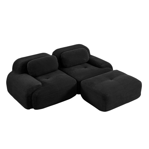 82-Inch Black Corduroy L-Shaped Modular Sectional Sofa Curved Armrest No-Assembly