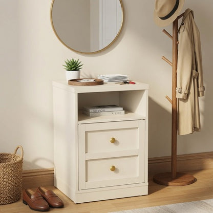 Beige Faux Drawer Nightstand with Door & Open Shelf
