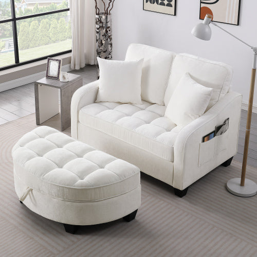Beige 2-Seater Irregular Curved Sofa Chaise, Storage Footrest, 2 Throw Pillows