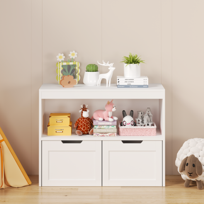 Kids Toy Storage Organizer with Drawers Open Shelves and Wheels White