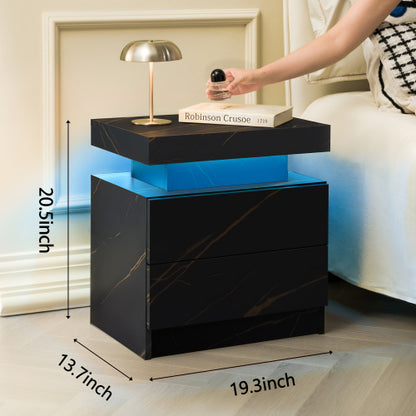Nightstand LED Bedside Table Cabinet Lights Modern End Side with 2 Drawers for Bedroom (Black Gold)