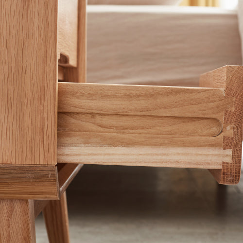 Solid Oak Nightstand, Nordic Style Open Compartment Bedside Table with Cable Hole & Rounded Edge