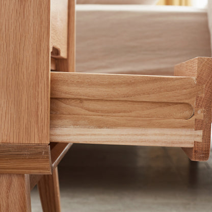 Solid Oak Nightstand, Nordic Style Open Compartment Bedside Table with Cable Hole & Rounded Edge