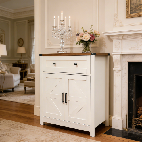 White & Wood-Grain Top Farmhouse Barn-Door Storage Cabinet, Coffee Bar Buffet Sideboard with Drawer for Kitchen & Living Room