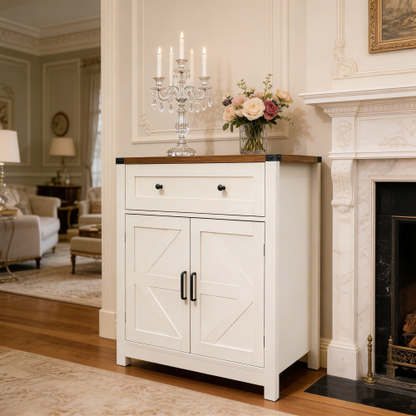 White & Wood-Grain Top Farmhouse Barn-Door Storage Cabinet, Coffee Bar Buffet Sideboard with Drawer for Kitchen & Living Room