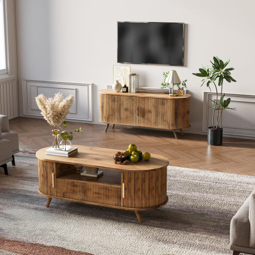 Natural Oak 50 Inch Fluted TV Stand with Power Outlets, Sliding Door Media Console for TVs Up to 55 Inch TV