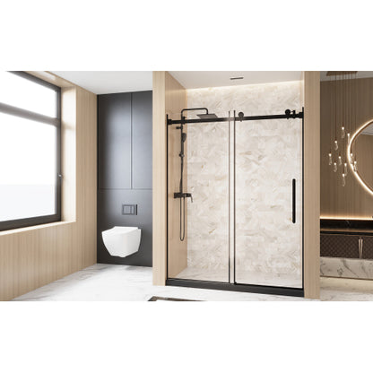 Frameless Single sliding shower door 56-60 "W x 76" H, 1/4 "(6 mm) Clear Tempered Glass, Explosion Proof Film, Stainless Steel Handle Square Tube Track ,Matte Black