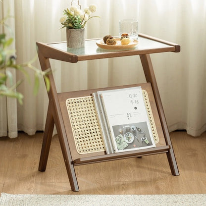 Boho Rattan Bamboo Glass Side Table with Storage, Brown