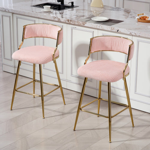 (SET of 2) 26inch  Counter height bar stools Corduroy kitchen island counter bar stool with back,golden chromed base and footrest (PINK)