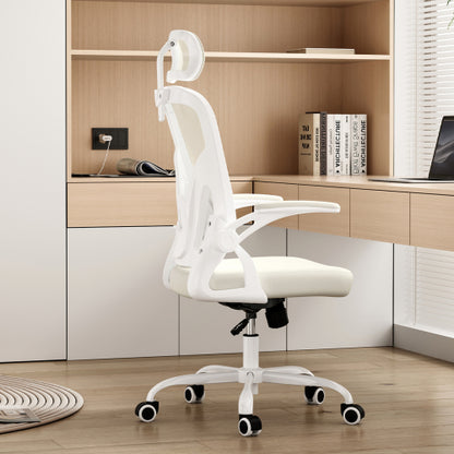 Ergonomic Office Chair, Home Office Desk Chair with Headrest, High Back Computer Chair with Armrests and Adjustable Lumbar Support for Home Office Study Room,White & White
