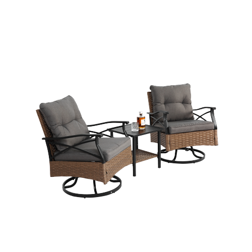 Outdoor Swivel Rocker Chairs Set 3 Piece with 1 Table and 2 Rocking & Swivel Chairs Support 350lbs Brown Wicker Outdoor Furniture Patio Conversation Set