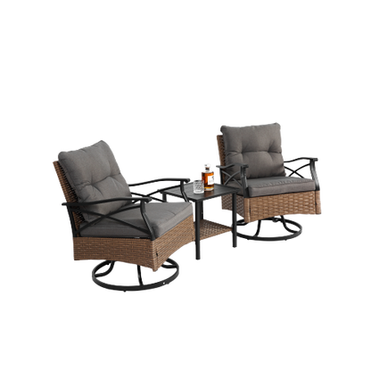 Outdoor Swivel Rocker Chairs Set 3 Piece with 1 Table and 2 Rocking & Swivel Chairs Support 350lbs Brown Wicker Outdoor Furniture Patio Conversation Set