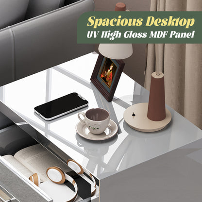 High Gloss Mirrored Nightstand with 2 Drawers,Modern End Table with Drawers,Mirrored High Gloss Wood Nightstand Metal Handle Bedside End Table for Bedroom, Dorm,Living Room,Grey