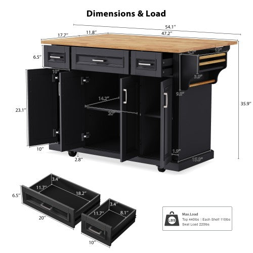 54 Inch Rolling Kitchen Island with Drop Leaf Drawers & Wheels Black