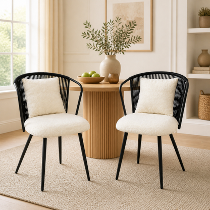 PE Rattan Dining Armchairs with Teddy Cushions and Pillows, Set of 2, Black