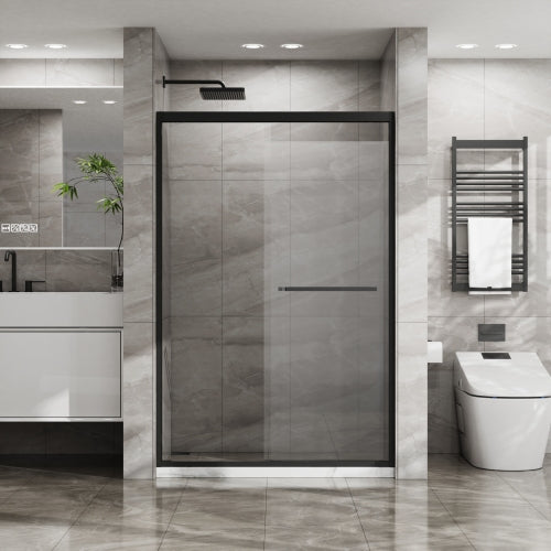 Goodyo Double Sliding Glass Shower Door 48 in. W x 72 in. H Aluminum Framed Shower Enclosure with SGCC Clear Tempered Glass, Stainless Steel Hardware, Matte Black