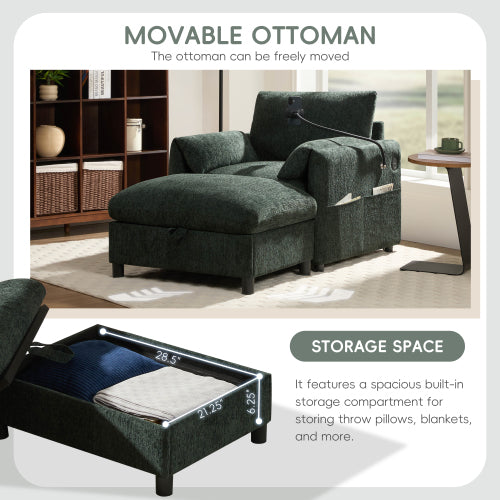 37 inch  Chenille Cloud-Style Single Armchair, Ottoman Storage, USB-C Charging, Phone Holder