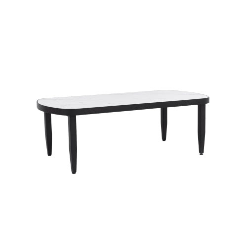 Modern Outdoor Elegance Arc 47.2''X23.6''Coffee Table with Greek White Marble-Inspired Sintered Stone Top,Aluminum Frame,Ember Black Finish,Post Tapered Legs & Rounded Corners,Weatherproof & Rust-Free