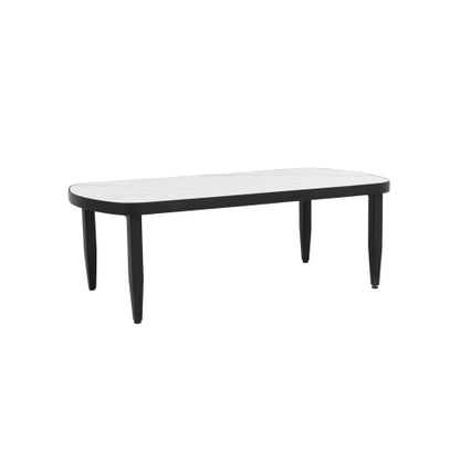 Modern Outdoor Elegance Arc 47.2''X23.6''Coffee Table with Greek White Marble-Inspired Sintered Stone Top,Aluminum Frame,Ember Black Finish,Post Tapered Legs & Rounded Corners,Weatherproof & Rust-Free