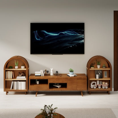 Walnut Arched Top 3-Tier Open Bookshelf Glaze Finish Storage Cabinet for Living Room Entryway Bedroom