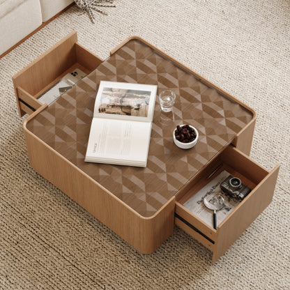 Square Glass Coffee Table Walnut Frame Storage Drawers Modern Living Room Table