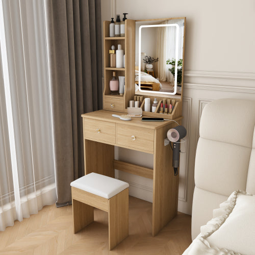 Modern Small Vanity Desk w/ 3-Color LED Mirror, 3 Drawers, Power Outlet, Hair Dryer Holder & Chair, Black
