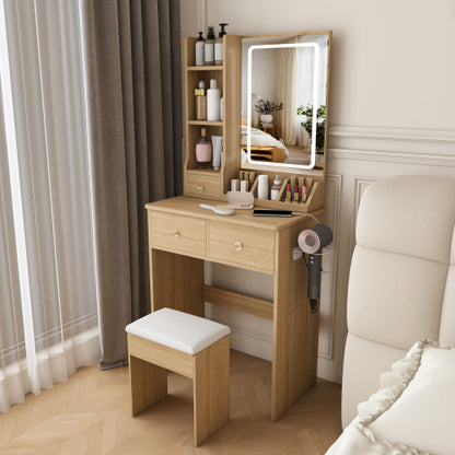 Modern Small Vanity Desk w/ 3-Color LED Mirror, 3 Drawers, Power Outlet, Hair Dryer Holder & Chair, Black