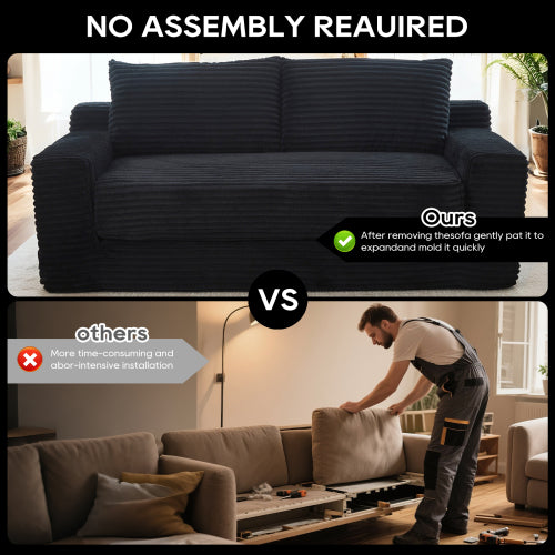 Black Memory-Foam Compressed Corduroy Convertible Loveseat, No Assembly
