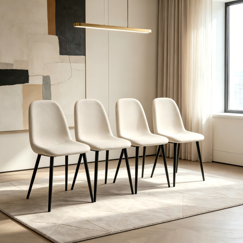 Set of 4 Beige Velvet Spoon Shape Dining Chairs, Upholstered Accent Chairs, Black Metal Legs, 300lbs Weight Capacity