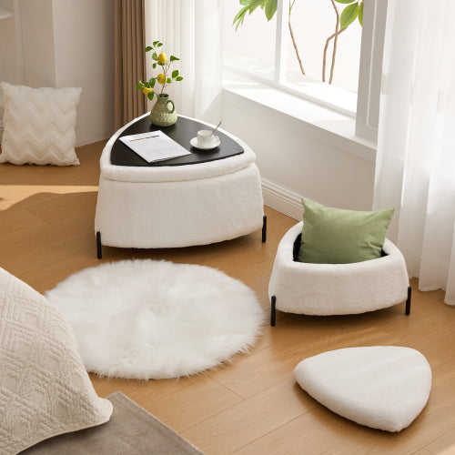 29.9 Inch Ivory 2-Piece Faux Fur Storage Ottoman Set, Nesting Footstool with Reversible Lid & Metal Legs, 275 LBS Capacity