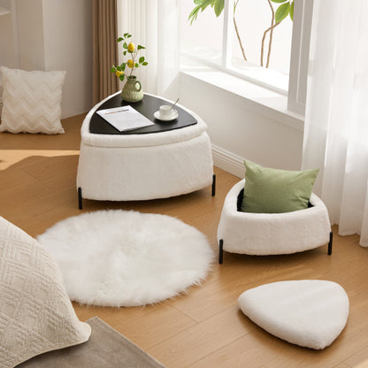 29.9 Inch Ivory 2-Piece Faux Fur Storage Ottoman Set, Nesting Footstool with Reversible Lid & Metal Legs, 275 LBS Capacity