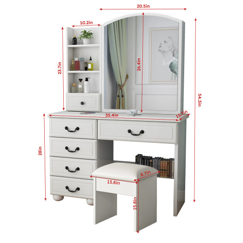 White Makeup Vanity Table with Mirror & Lights, 3 Color LED, 6 Drawers, Tabletop Shelf, Side Shelves & Sliding Glass Door