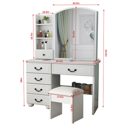 White Makeup Vanity Table with Mirror & Lights, 3 Color LED, 6 Drawers, Tabletop Shelf, Side Shelves & Sliding Glass Door