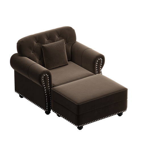 41.3 inch  Brown Mid-Century Velvet Sofa with Nailhead Trim & 1 Pillow