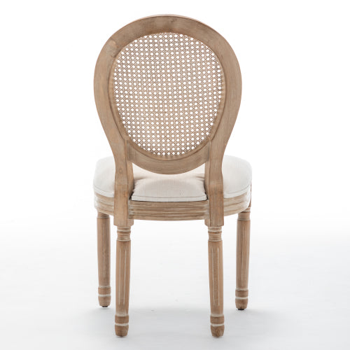 Rattan Back Wood Dining Chairs with Linen Seats, Set of 2, Beige