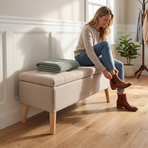 32 inch Wide Square Storage Ottoman Bench with Built-in Tray, Upholstered Footrest, Versatile End of Bed Bench for Bedroom & Entryway