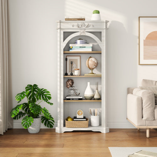 65-Inch Antique White 4-Tier Tall Bookcase for Living Room Office