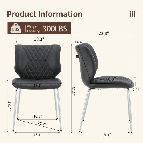 Set of 2 Dark Gray Crazy Horse Oil Wax Leather Dining Chairs, Electroplated Metal Leg Diamond Tuft High Back Chairs