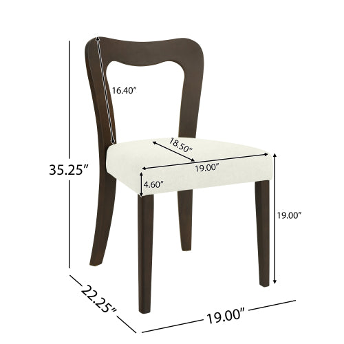 Set of 2 Dark Brown Rubberwood Open Back Dining Chairs, Minimalist Beige Upholstered Armless Kitchen Chairs