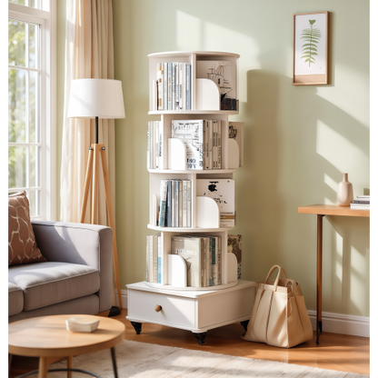 White 5-Tier 360¡ã Rotating Wooden Bookshelf with Single Drawer, Space-Saving Corner Home Organizer