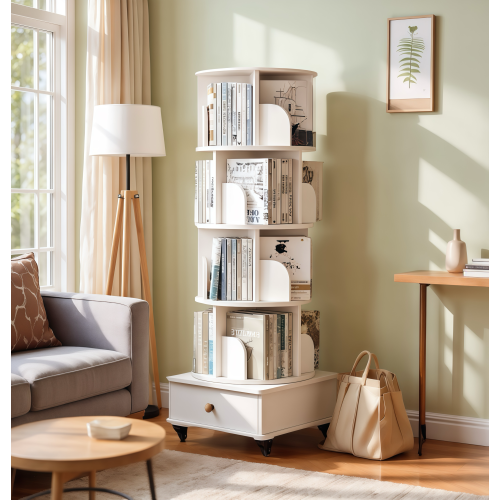 White 5-Tier 360¡ã Rotating Wooden Bookshelf with Single Drawer, Space-Saving Corner Home Organizer