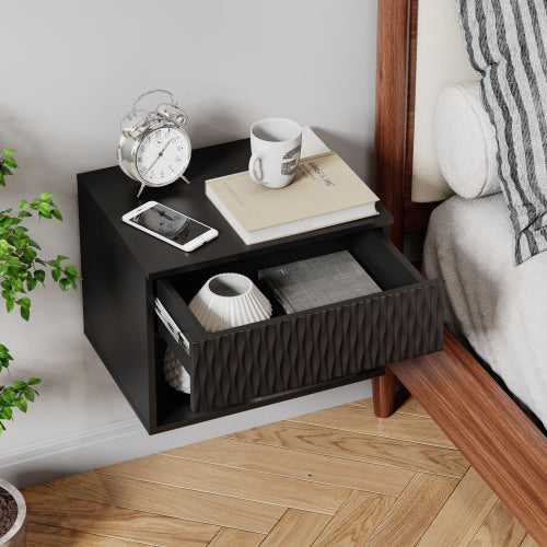 set of 2 nightstand with Space-Saving Wall-Mounted Cabinet: Drawer, Open Storage, 3-Section Slides, Carved Surface, Anti-Shaking, DIY, for Bedroom/Office