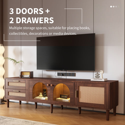 Rattan TV Stand with Drawers Glass Doors and LED Lights for 80 Inch TVs